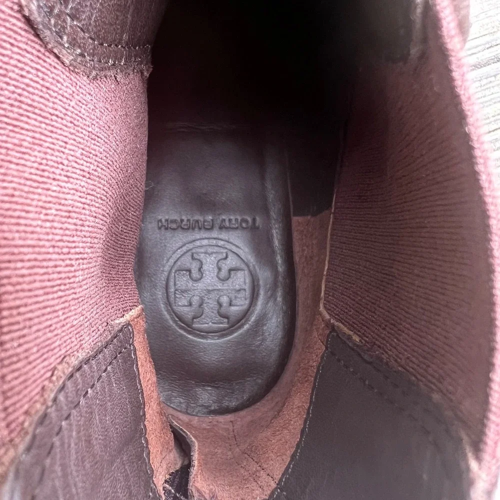 Tory Burch Ankle Boots Pebbled Leather 8M Brown Gold Heel Chelsea Luxury Chic
